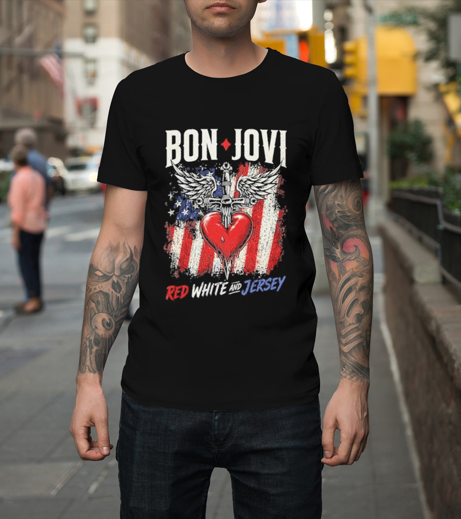 Bon Jovi Red White Jersey Heart And Dagger American Flag T-Shirt