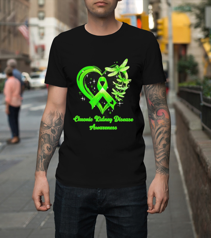 Chronic Kidney Disease Awareness Green Ribbon Heart And Dragonfly T-Shirt