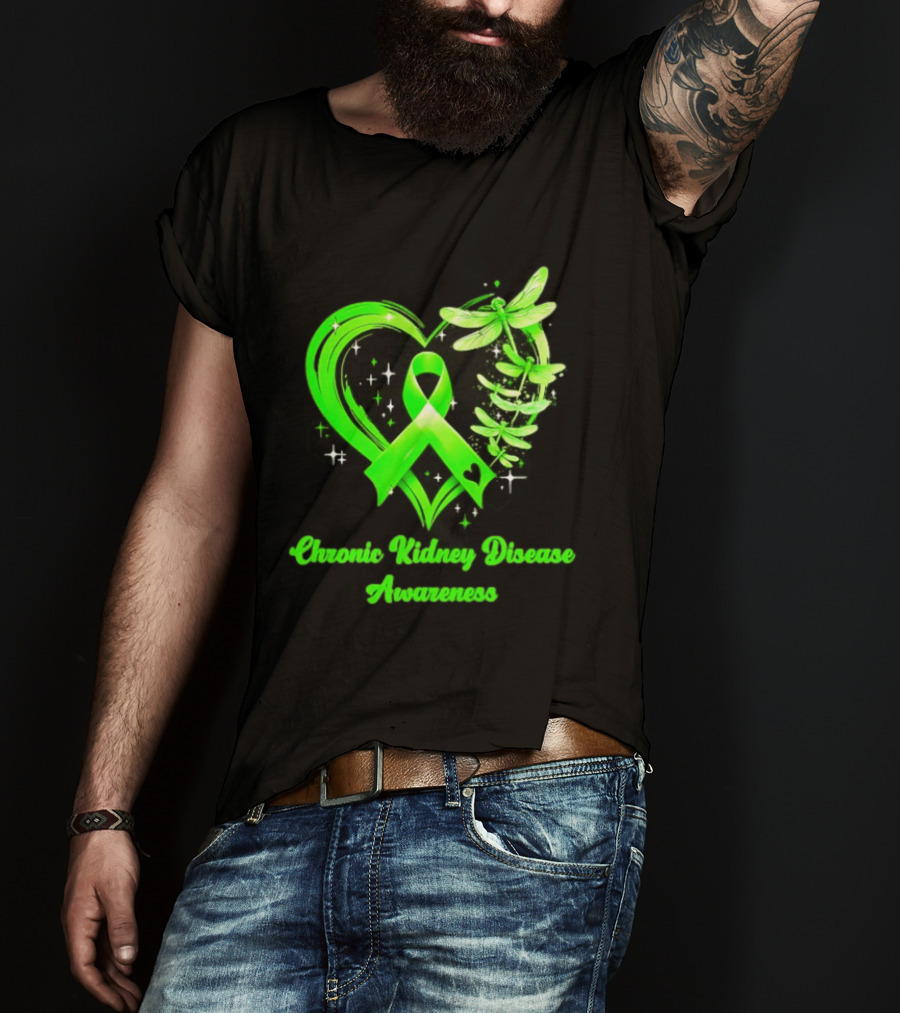 Chronic Kidney Disease Awareness Green Ribbon Heart And Dragonfly T-Shirt