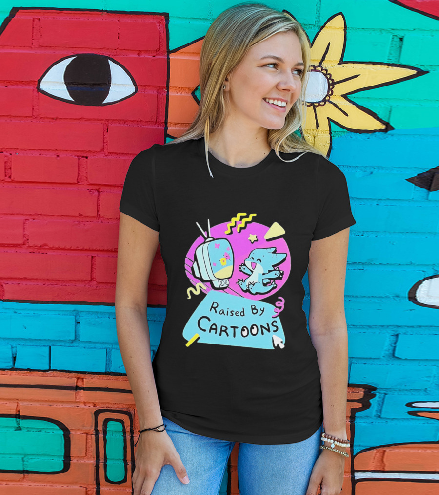 Raised By Cartoons Nostalgia 90s Kid Cartoon Lover Retro TV And Playful Puppy Scene T-Shirt