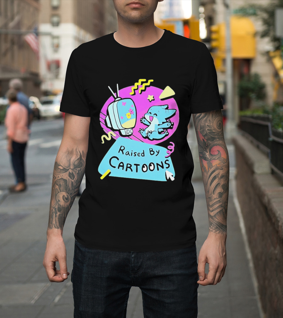 Raised By Cartoons Nostalgia 90s Kid Cartoon Lover Retro TV And Playful Puppy Scene T-Shirt