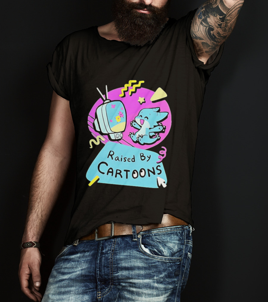 Raised By Cartoons Nostalgia 90s Kid Cartoon Lover Retro TV And Playful Puppy Scene T-Shirt