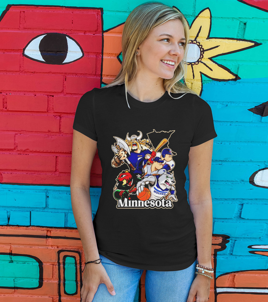 Minnesota Vikings Wild Twins Timberwolves Characters Collage T-Shirt