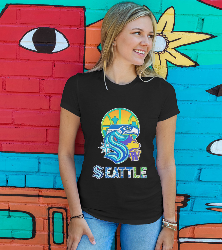 Seattle Seahawks Washington Huskies Skyline Collage With Space Needle And Compass Rose T-Shirt