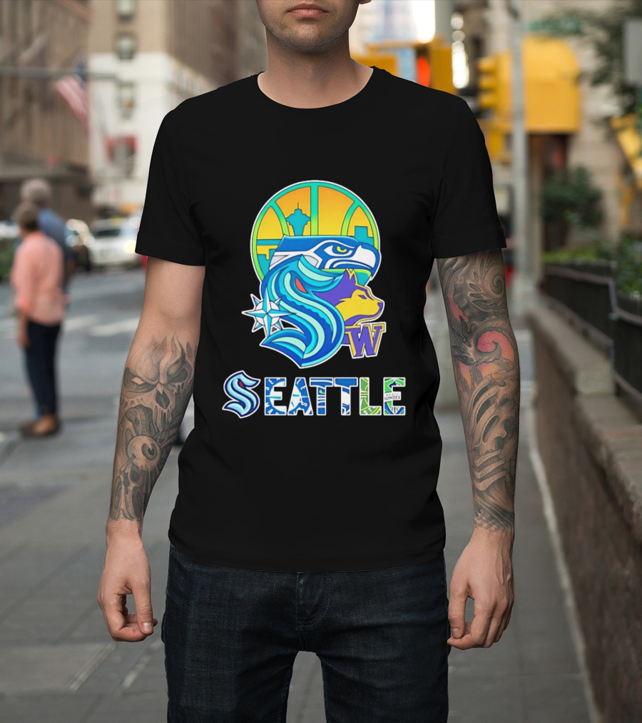 Seattle Seahawks Washington Huskies Skyline Collage With Space Needle And Compass Rose T-Shirt