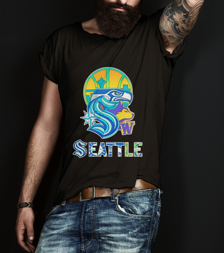 Seattle Seahawks Washington Huskies Skyline Collage With Space Needle And Compass Rose T-Shirt