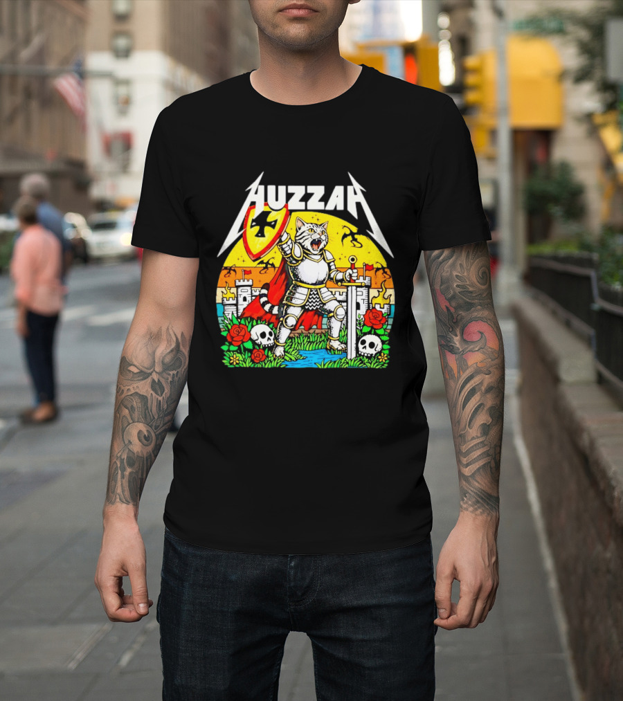 Huzzah Cat Knight Medieval Fantasy With Shield And Sword In Castle Scene T-Shirt