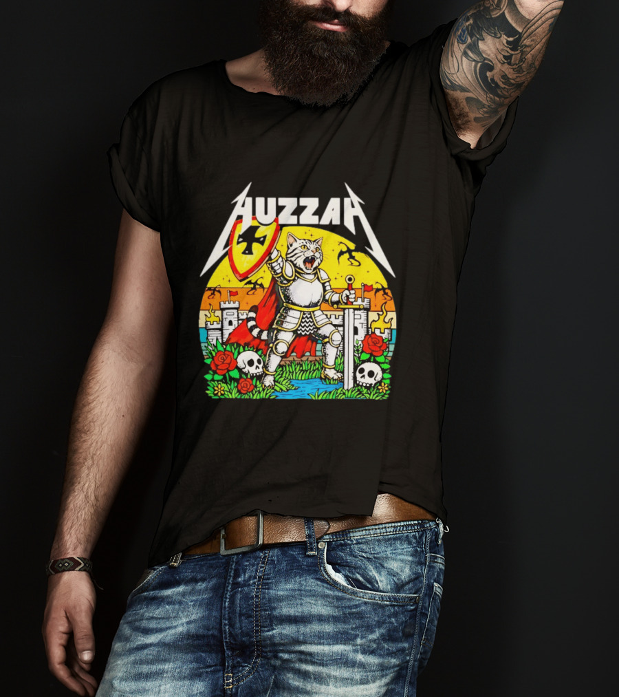 Huzzah Cat Knight Medieval Fantasy With Shield And Sword In Castle Scene T-Shirt