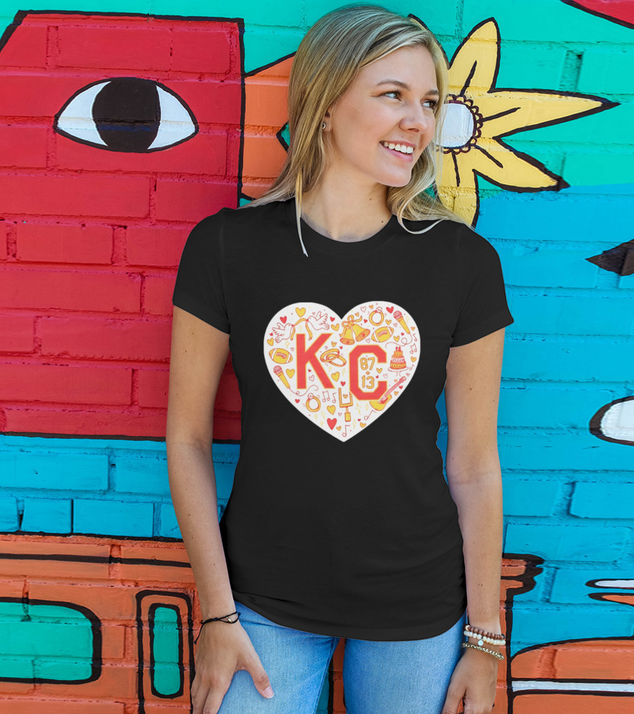 KC 87 13 Heart With Football Rings Music Bells Cake And Guitar T-Shirt