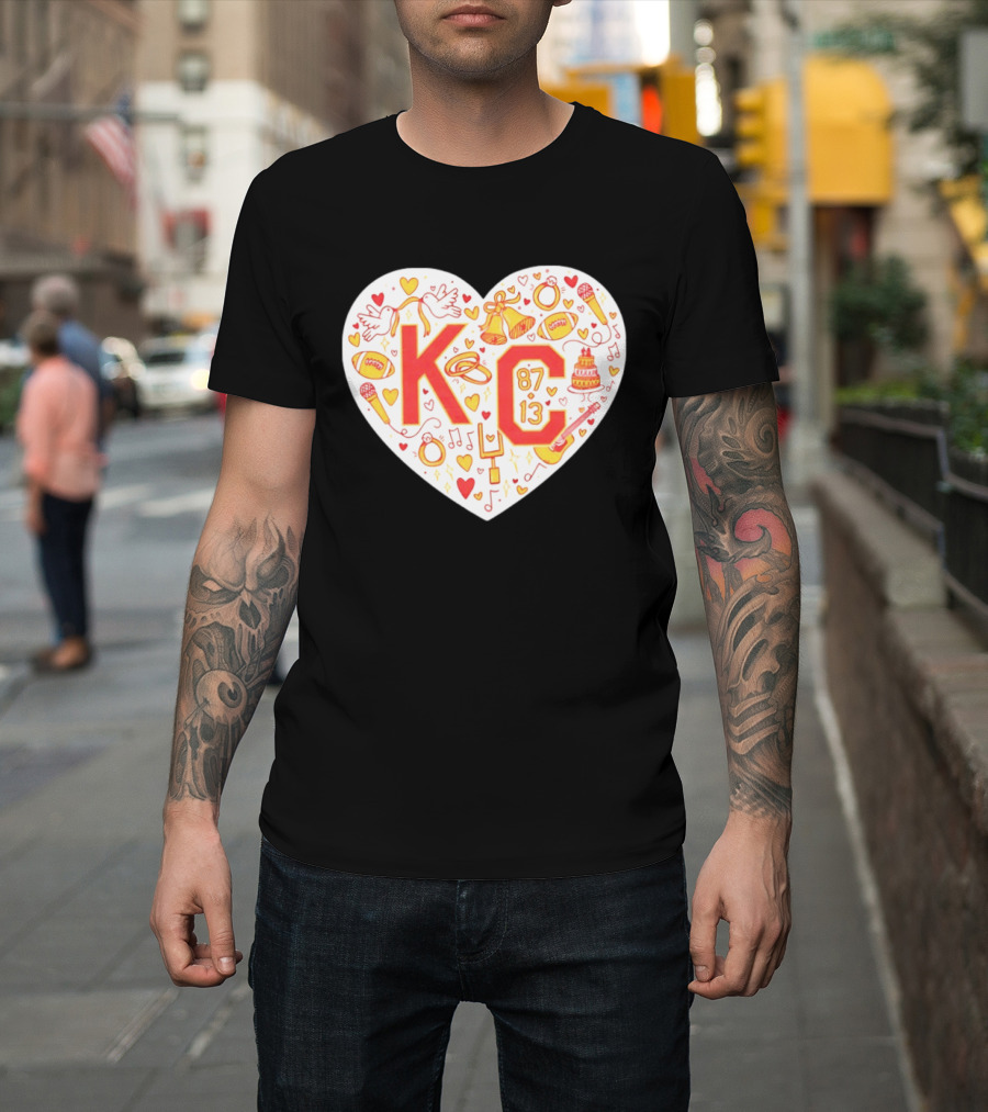 KC 87 13 Heart With Football Rings Music Bells Cake And Guitar T-Shirt