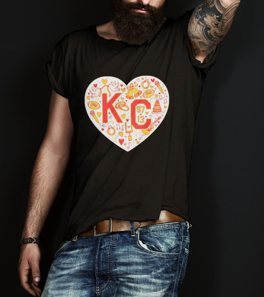 KC 87 13 Heart With Football Rings Music Bells Cake And Guitar T-Shirt