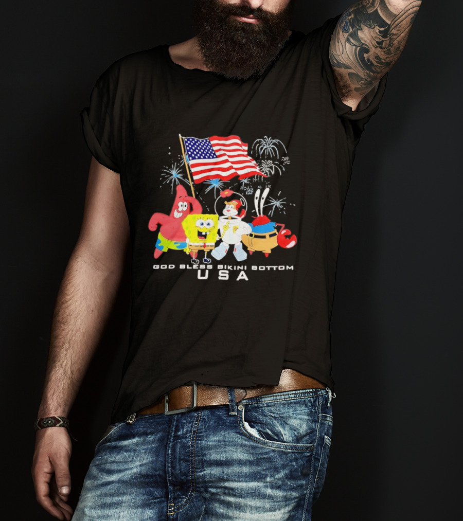 God Bless Bikini Bottom USA Sponge 4th Of July Celebration T-Shirt