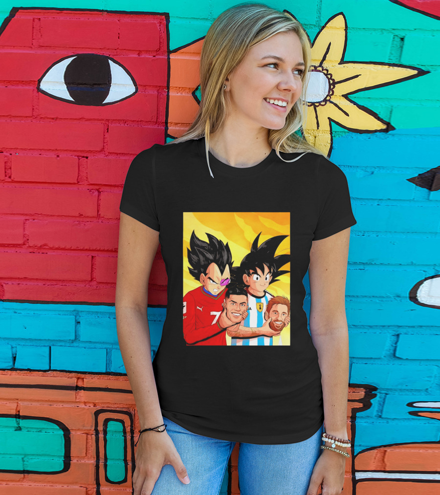Vegeta And Goku With Ronaldo 7 And Messi Argentina Heads T-Shirt