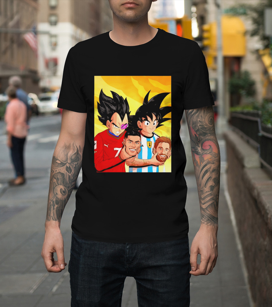 Vegeta And Goku With Ronaldo 7 And Messi Argentina Heads T-Shirt
