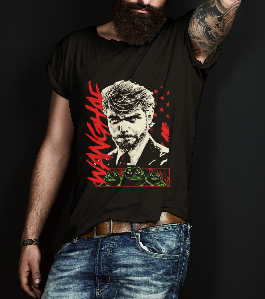Wangyae Distressed Frogs With Intense Bearded Man And Red Accents T-Shirt