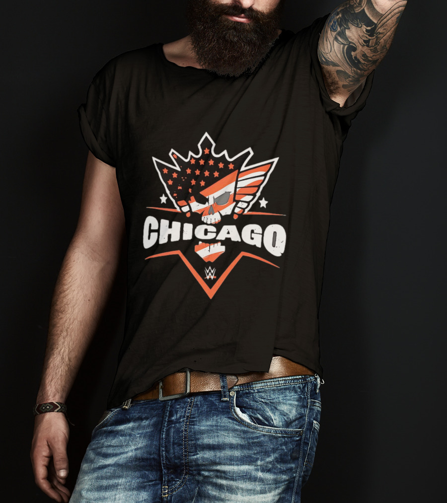 Chicago WWE American Flag Skull Stars Stripes T-Shirt