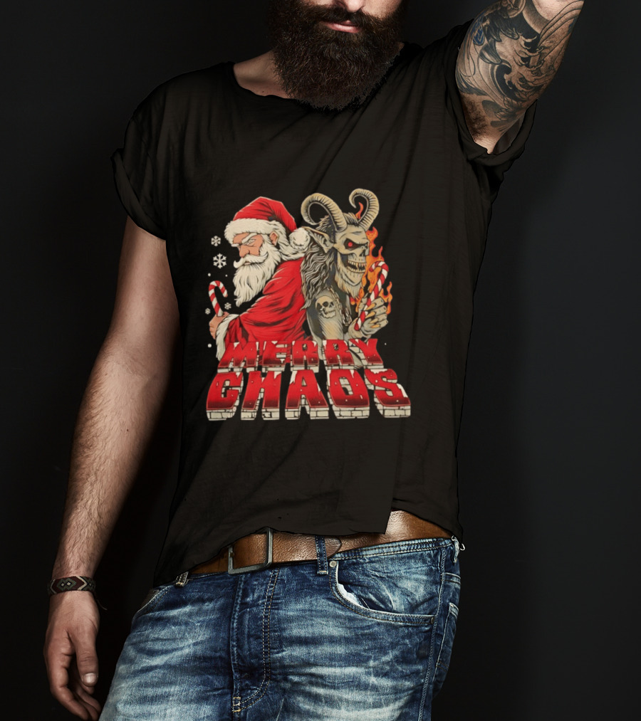 Merry Chaos Santa And Krampus Candy Cane Flames Christmas T-Shirt