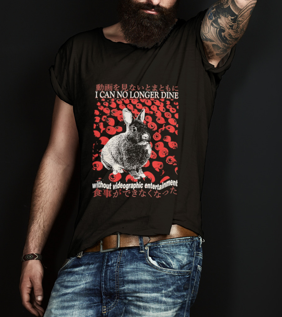 I Can No Longer Dine Without Videographic Entertainment Rabbit Surrounded By Red Roses T-Shirt