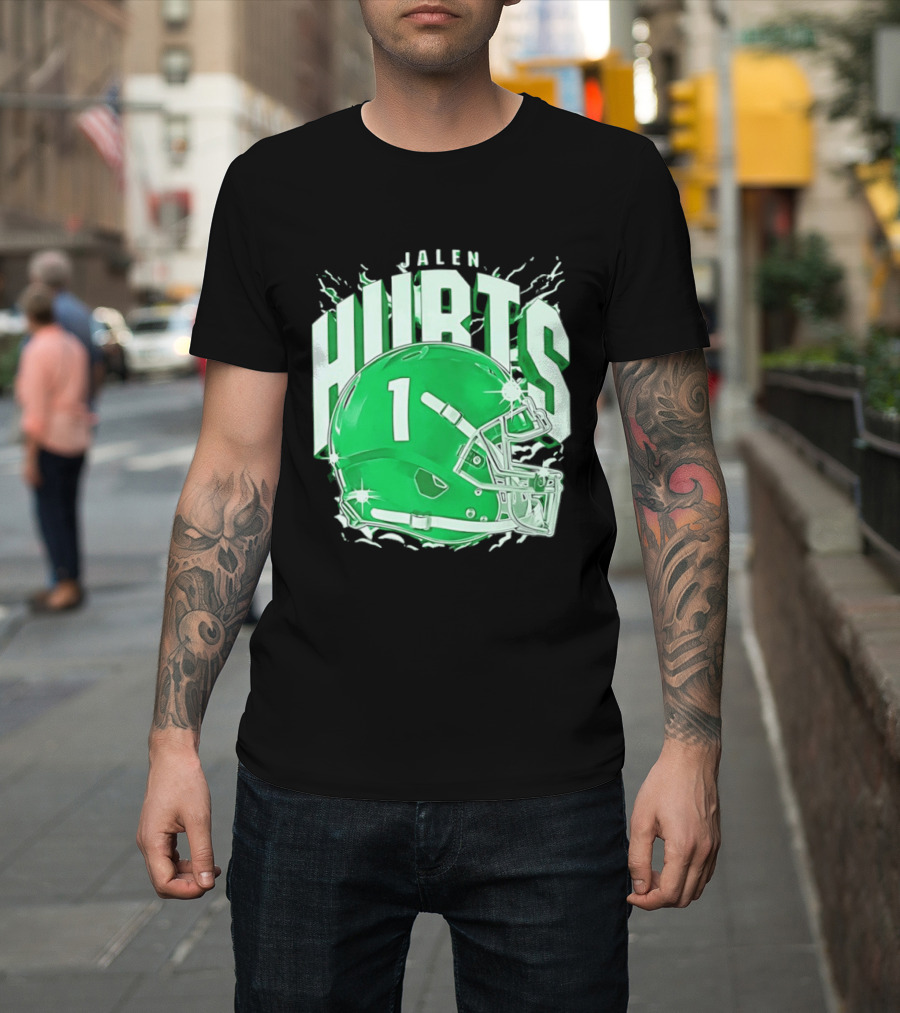 Jalen Hurts 1 Philadelphia Eagles Green Helmet Football T-Shirt