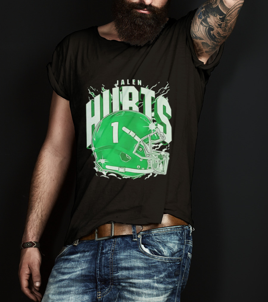 Jalen Hurts 1 Philadelphia Eagles Green Helmet Football T-Shirt