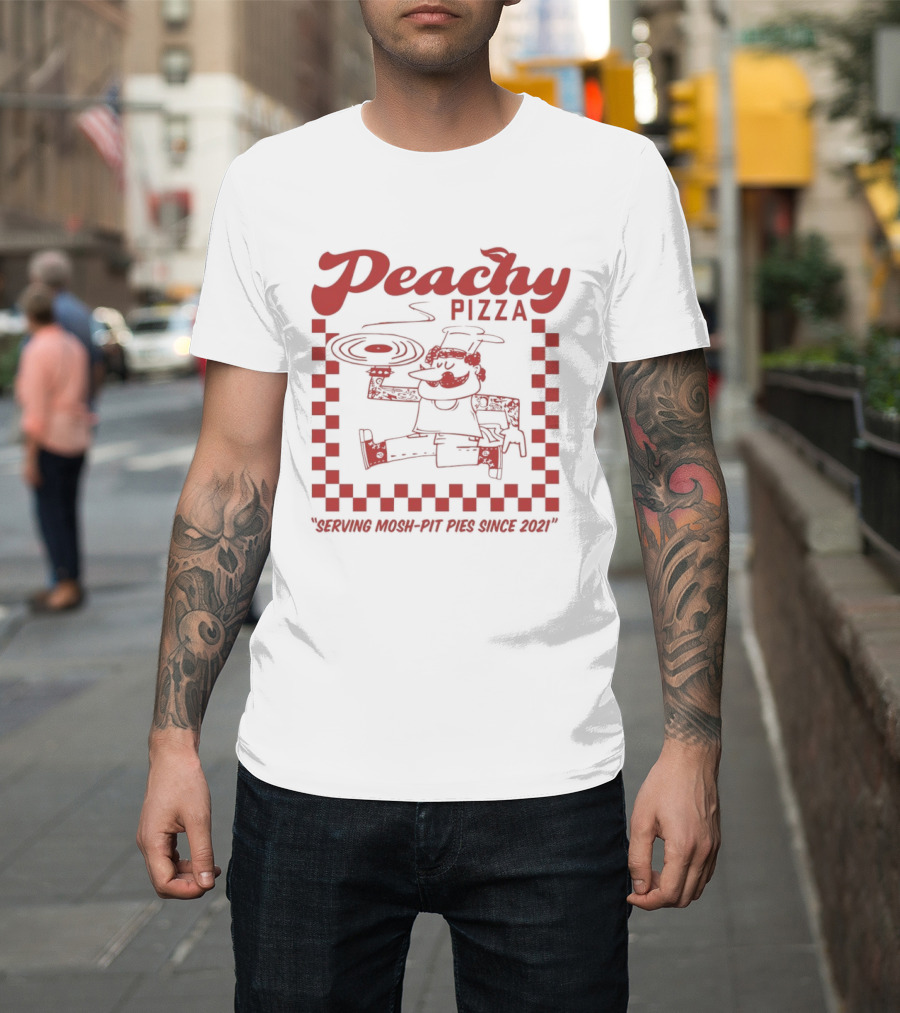 Peachy Pizza Serving Mosh Pit Pies Since 2021 Checkerboard Comic T-Shirt