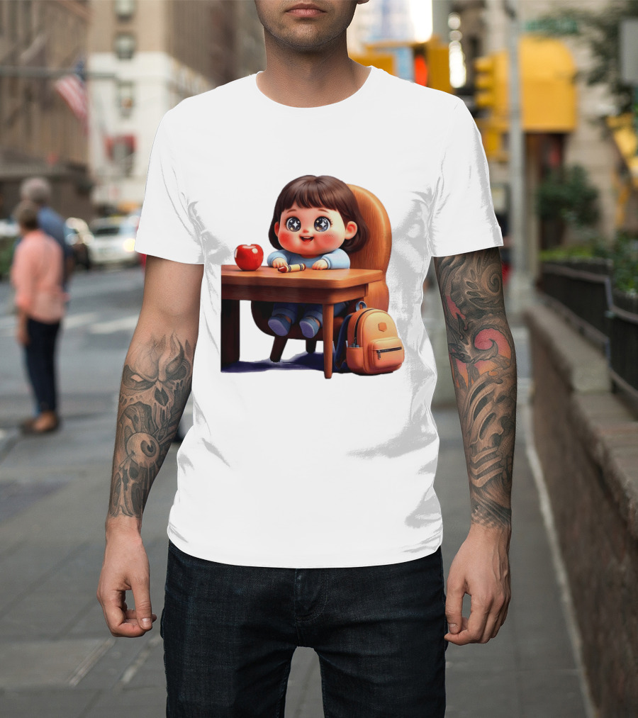 Cartoon Girl With Apple Backpack At Desk T-Shirt