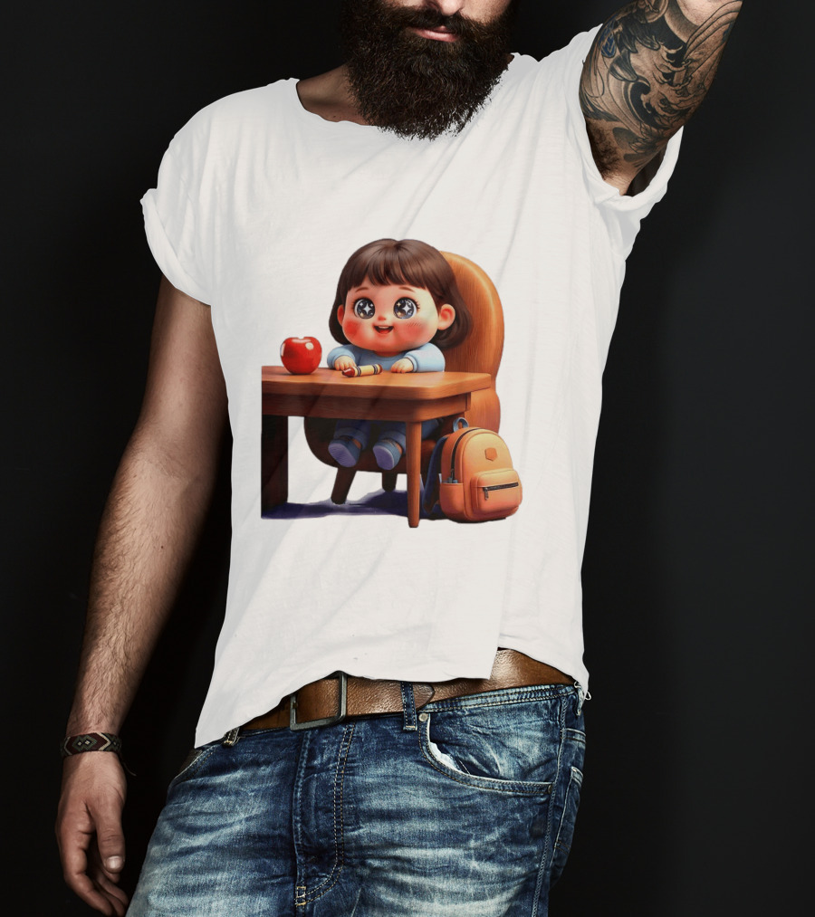 Cartoon Girl With Apple Backpack At Desk T-Shirt