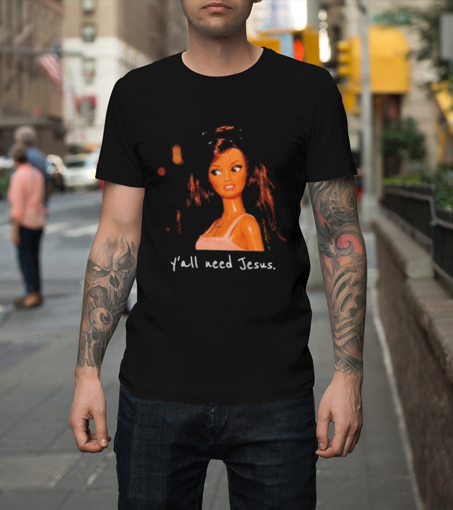 Y'all Need Jesus Doll Funny Meme Brown Hair Orange Dress T-Shirt