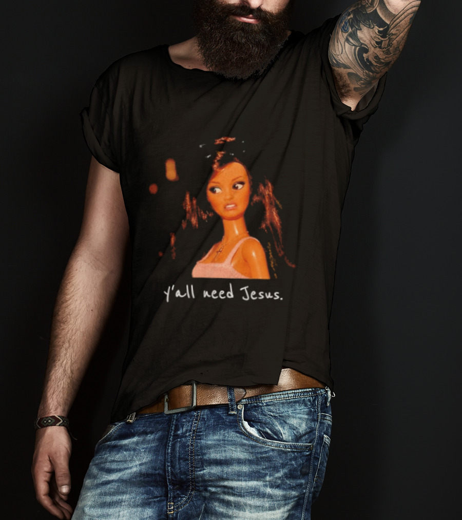 Y'all Need Jesus Doll Funny Meme Brown Hair Orange Dress T-Shirt