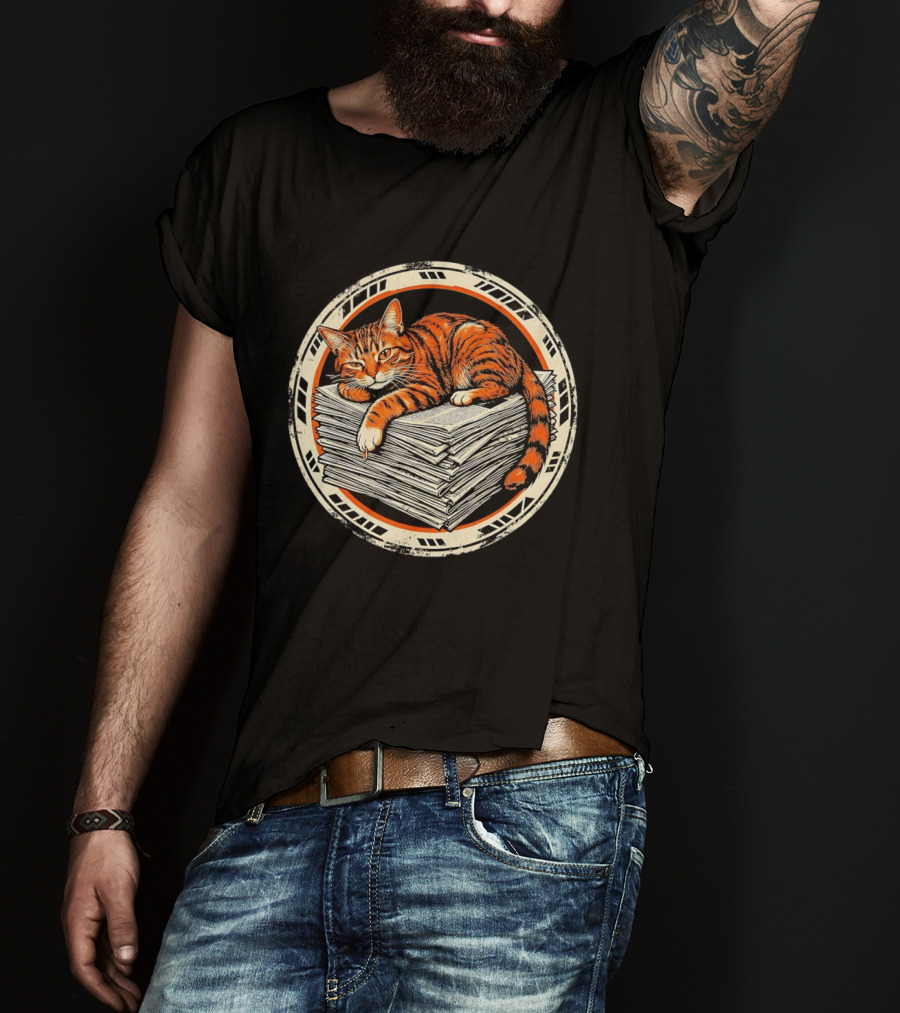 Orange Cat Relaxing On Stack Of Newspapers In Circle T-Shirt