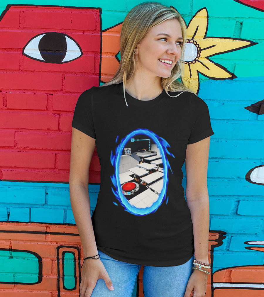 Portal Weighted Companion Cube Aperture Science Test Chamber Blue Portal Steps T-Shirt