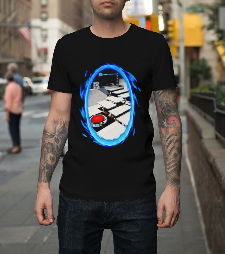 Portal Weighted Companion Cube Aperture Science Test Chamber Blue Portal Steps T-Shirt