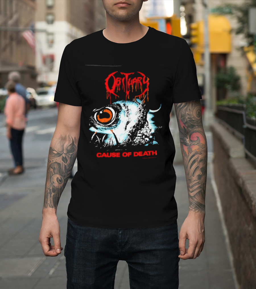 Obituary Cause Of Death Eye Metal Band With Orange Red T-Shirt