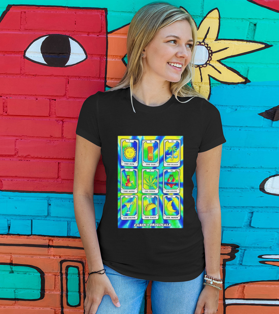 Cabin 7 Originals Tarot Cards Sun Tan Beach Bong Weed Bikini Drink Taco Moon T-Shirt