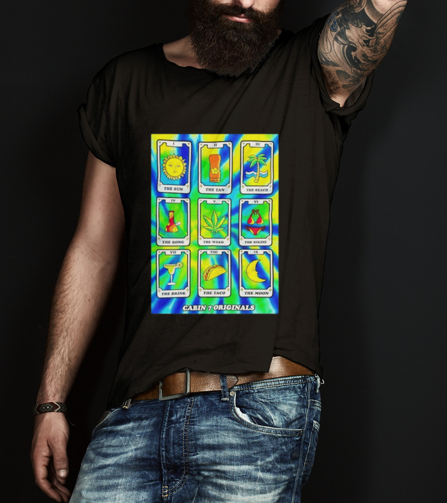 Cabin 7 Originals Tarot Cards Sun Tan Beach Bong Weed Bikini Drink Taco Moon T-Shirt