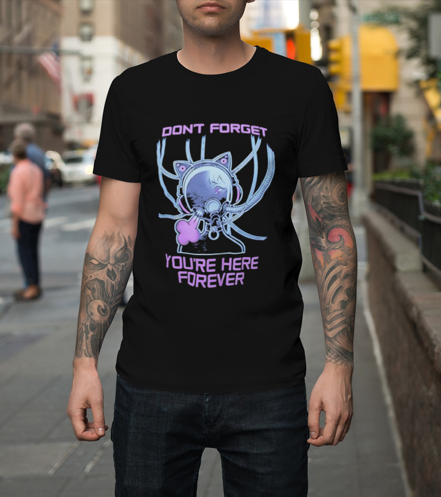 Don't Forget You're Here Forever Cyberpunk Cat Girl Visor And Cables T-Shirt