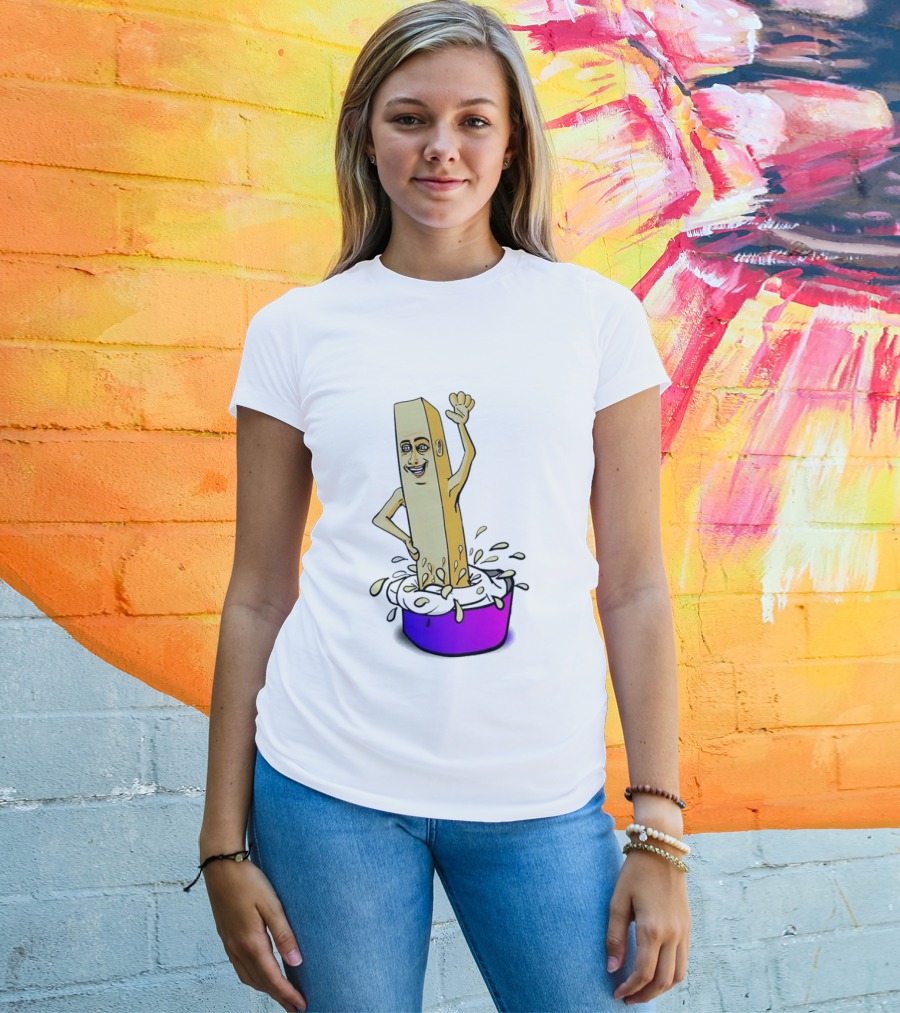 Belgian French Fry Cartoon Character Waving In Sauce Bowl T-Shirt
