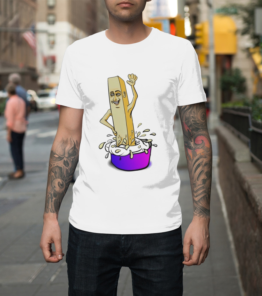 Belgian French Fry Cartoon Character Waving In Sauce Bowl T-Shirt