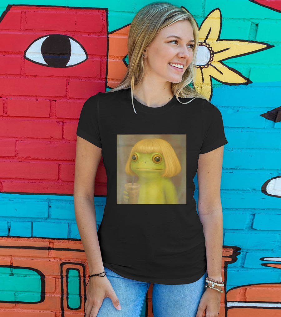 Blonde Wig Frog Holding Iced Coffee T-Shirt