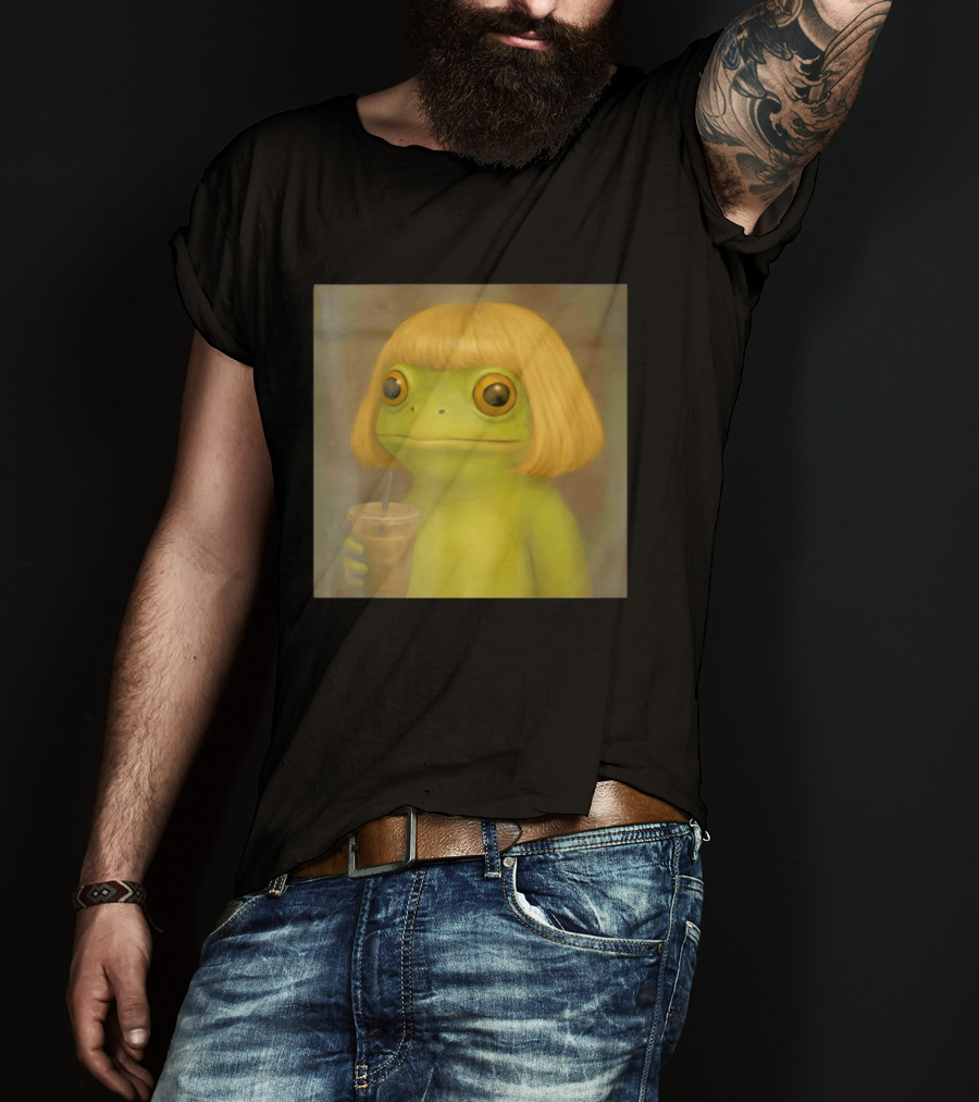 Blonde Wig Frog Holding Iced Coffee T-Shirt