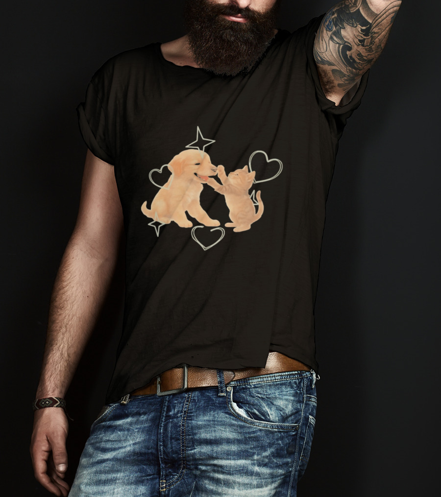 Golden Retriever Puppy And Tabby Kitten Playing With Stars And Hearts T-Shirt