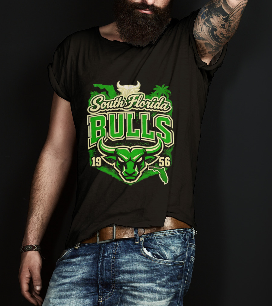 South Florida Bulls 1956 NCAA College Football Palm Tree Map Green Bull T-Shirt
