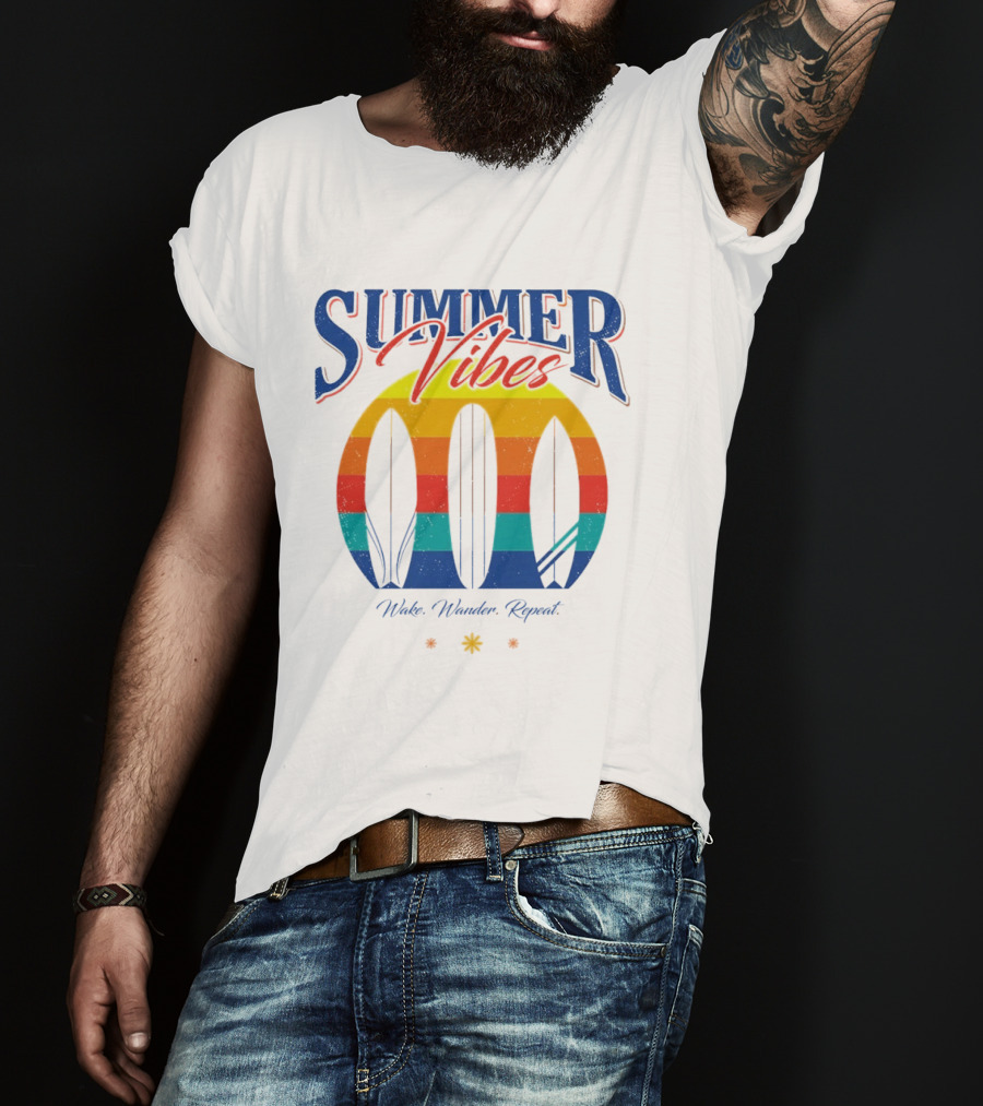 Summer Vibes Wake Wander Repeat Retro Surfboard Sunset T-Shirt