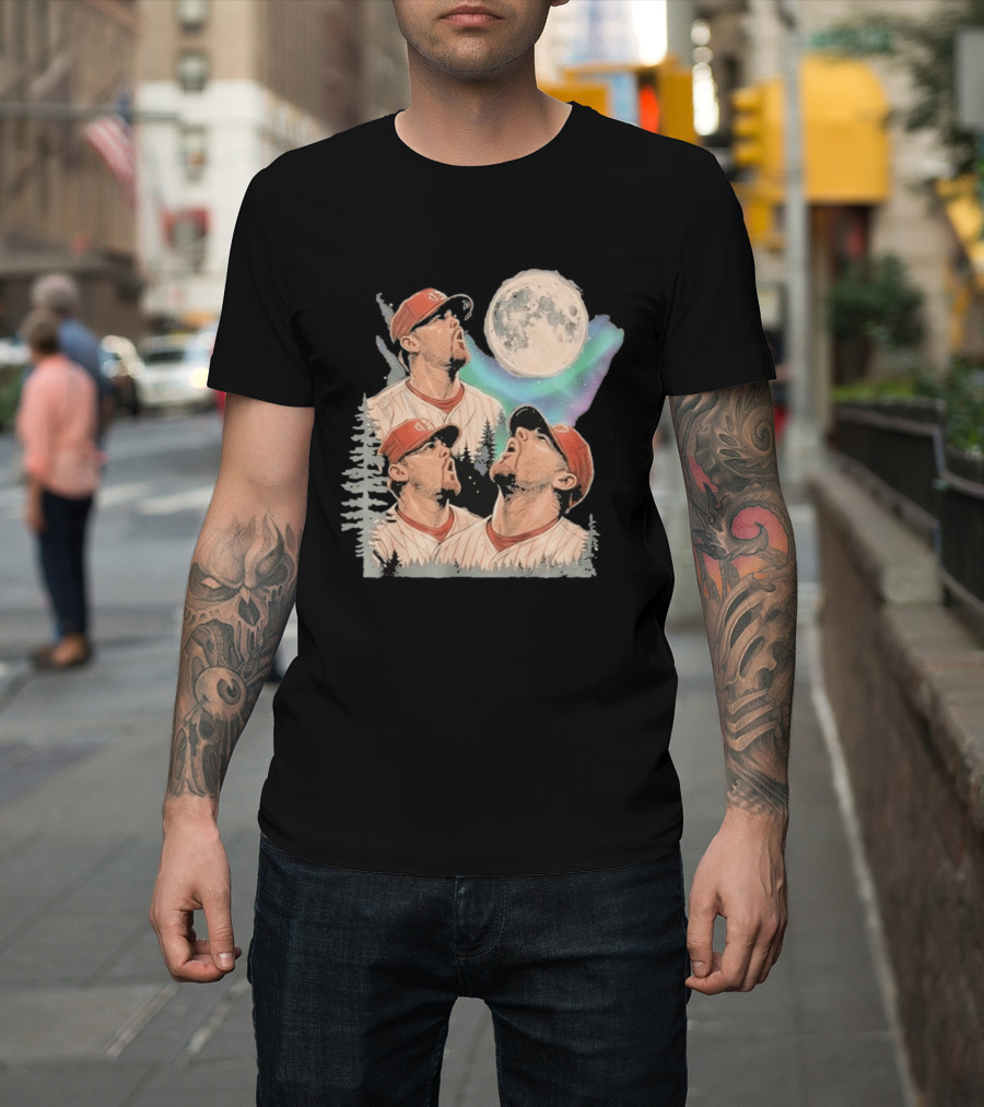 Three Howling Phillies 2026 Randy Wolf Meme Vintage Baseball Art Baseball Moon Forest T-Shirt