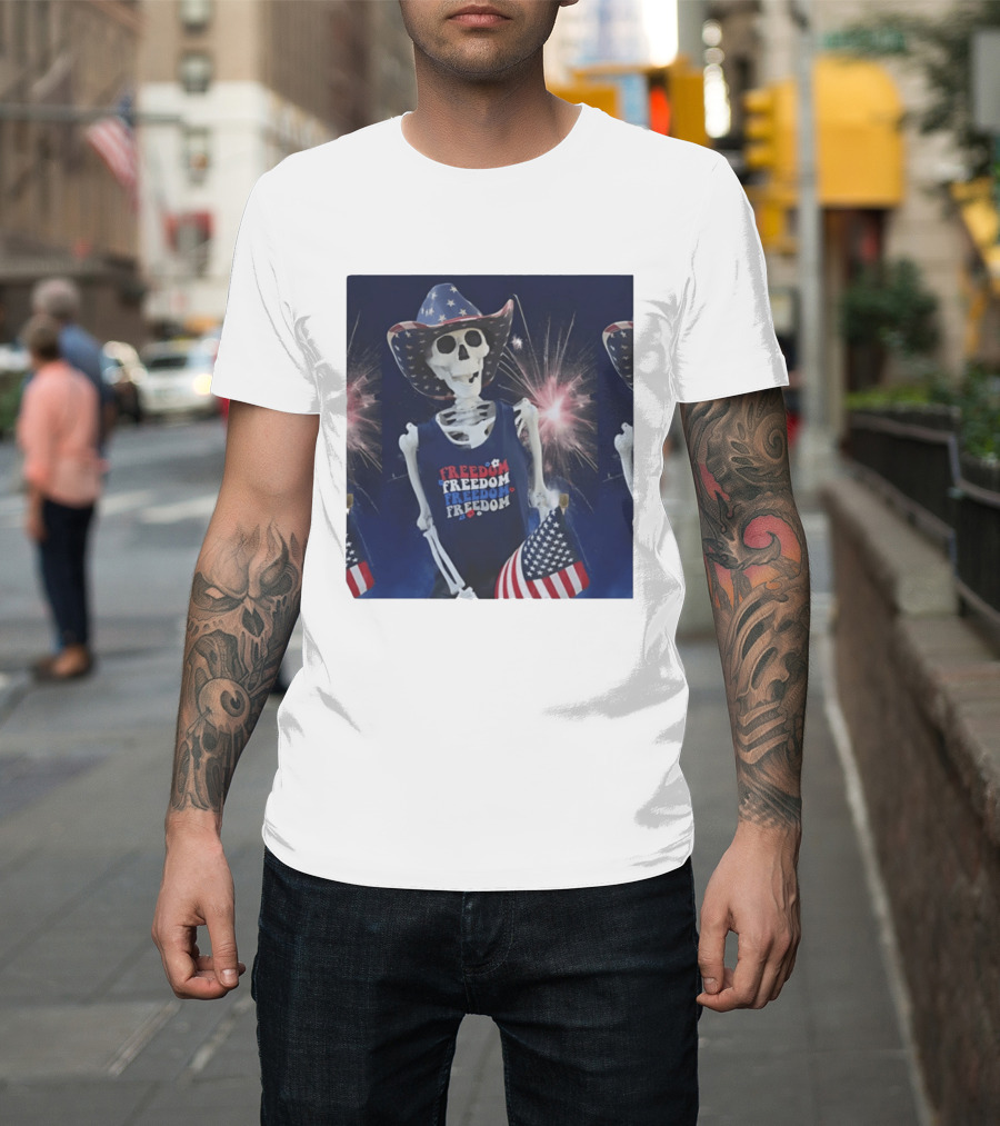Freedom Skeleton Patriot With American Flag And Fireworks Fourth Of July T-Shirt