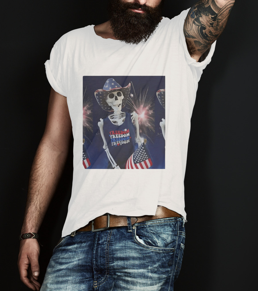 Freedom Skeleton Patriot With American Flag And Fireworks Fourth Of July T-Shirt