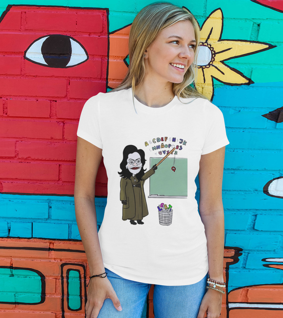 LGBTQ Alphabet Removal Cartoon Teacher With Chalkboard And Trash Bin T-Shirt