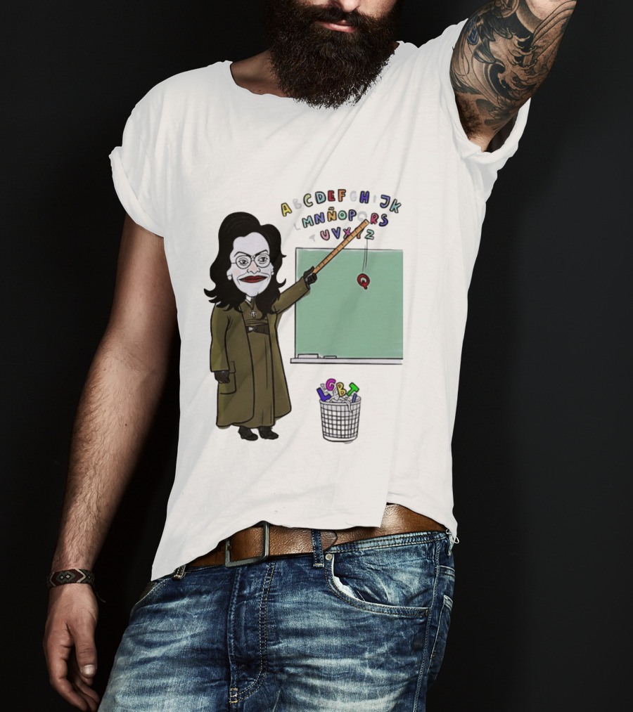 LGBTQ Alphabet Removal Cartoon Teacher With Chalkboard And Trash Bin T-Shirt