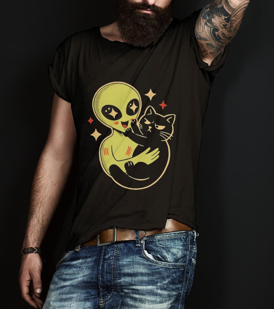Alien Holding Grumpy Black Cat Surrounded By Stars T-Shirt