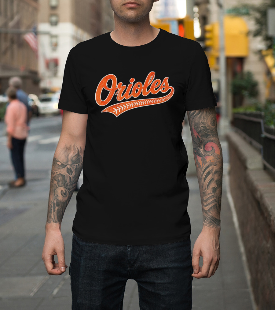 Baltimore Orioles Vintage Text With Baseball Stitching T-Shirt
